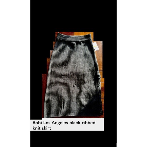 Bobi Rib Midi Black Small NWT Revolve Vintage Look Winter Fall Skirt Button Slit - Picture 2 of 16